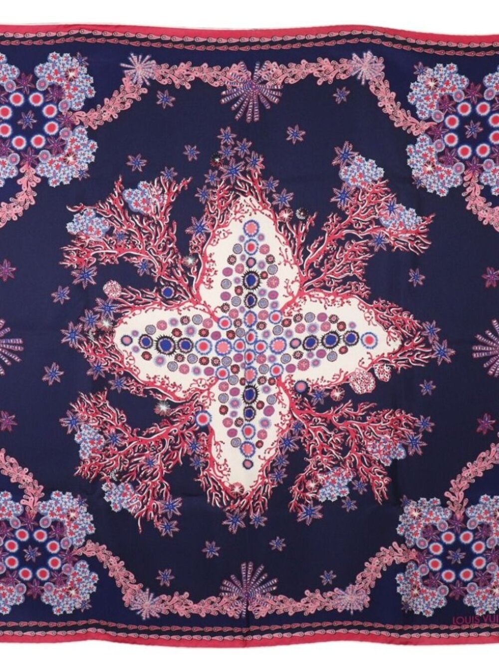 Louis Vuitton Monogram Coral Shawl Silk Navy Pink Scarf